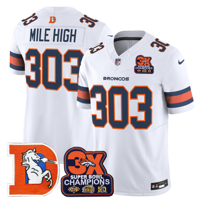 Mile High Jersey #303 Throwback Vapor 3-Time Champions Patch Stitched White
