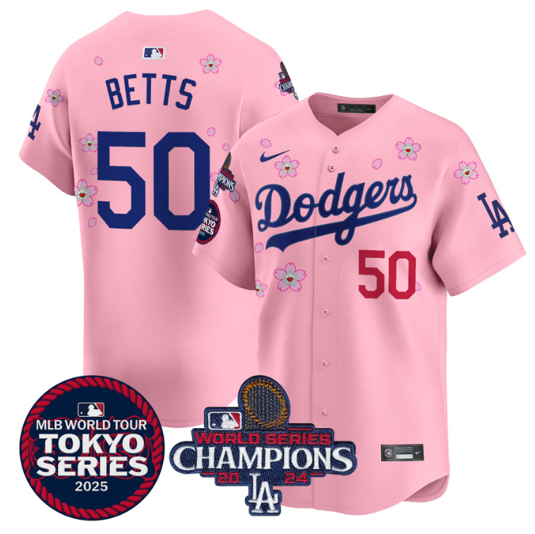 Mookie Betts Jersey #50 Dodgers Tokyo Series 2025 World Series Champions Patch Cherry Blossom