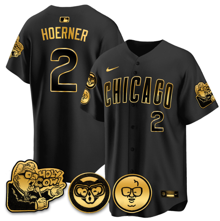 Nico Hoerner Jersey #2 Chicago Cubs Harry Caray Holy Cow Patch Premier Limited Stitched Black Gold