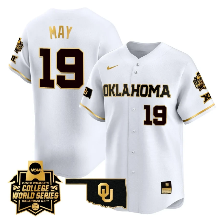 Nicole May Jersey #19 Oklahoma Sooners 2024 College World Series Patch Vapor Premier Limited NCAA Baseball Stitched White Gold