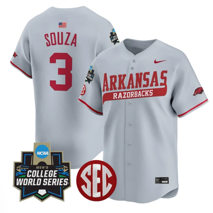 Nolan Souza Jersey #3 Arkansas Razorbacks 2025 World Series Stitched Gray