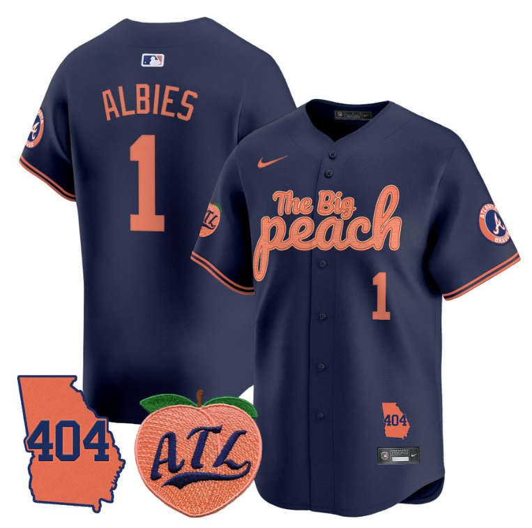 Ozzie Albies Jersey #1 Atlanta Braves 404 & The Big Peach Premier Limited Stitched Navy