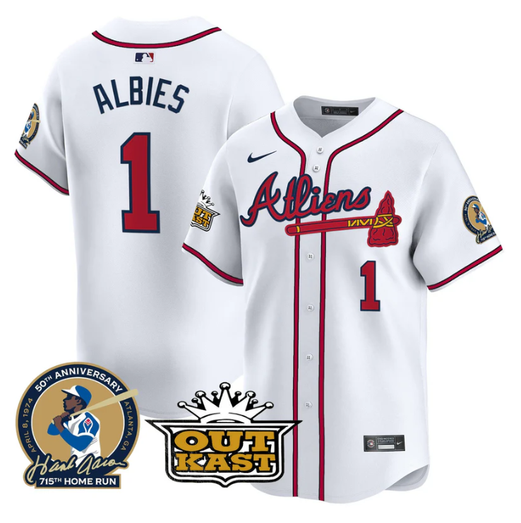 Ozzie Albies Jersey #1 Atlanta Braves Atliens Hank Aaron Patch Limited Stitched White
