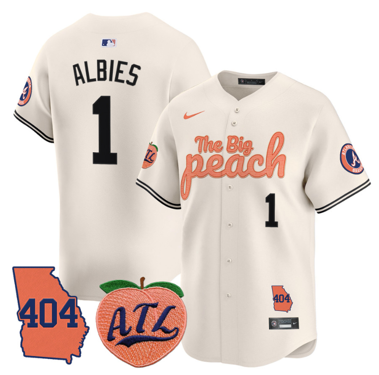 Ozzie Albies Jersey #1 Atlanta Braves 404 & The Big Peach Premier Limited Stitched Cream