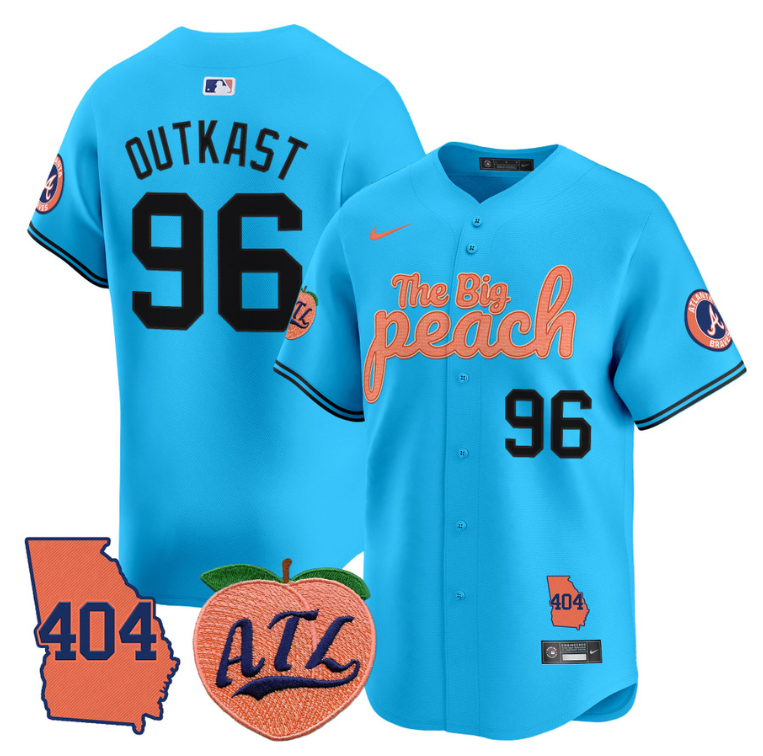 Outkast Jersey #96 Atlanta Braves 404 & The Big Peach Premier Limited Stitched Light Blue