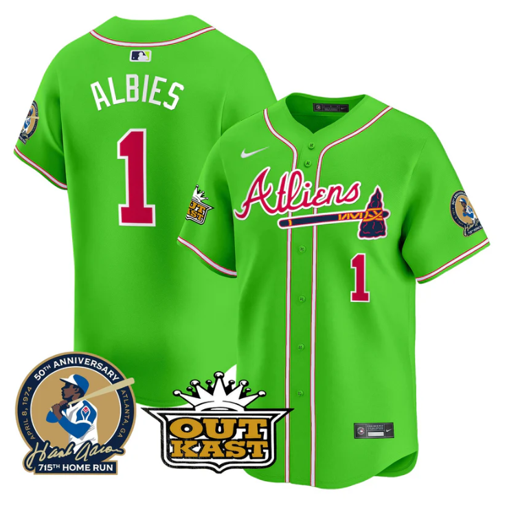Ozzie Albies Jersey #1 Atlanta Braves Atliens Hank Aaron Patch Limited Stitched Bright Green