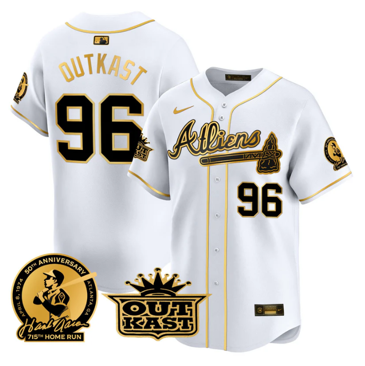 OutKast Jersey #96 Atlanta Braves Atliens Hank Aaron Patch Limited Stitched White Gold