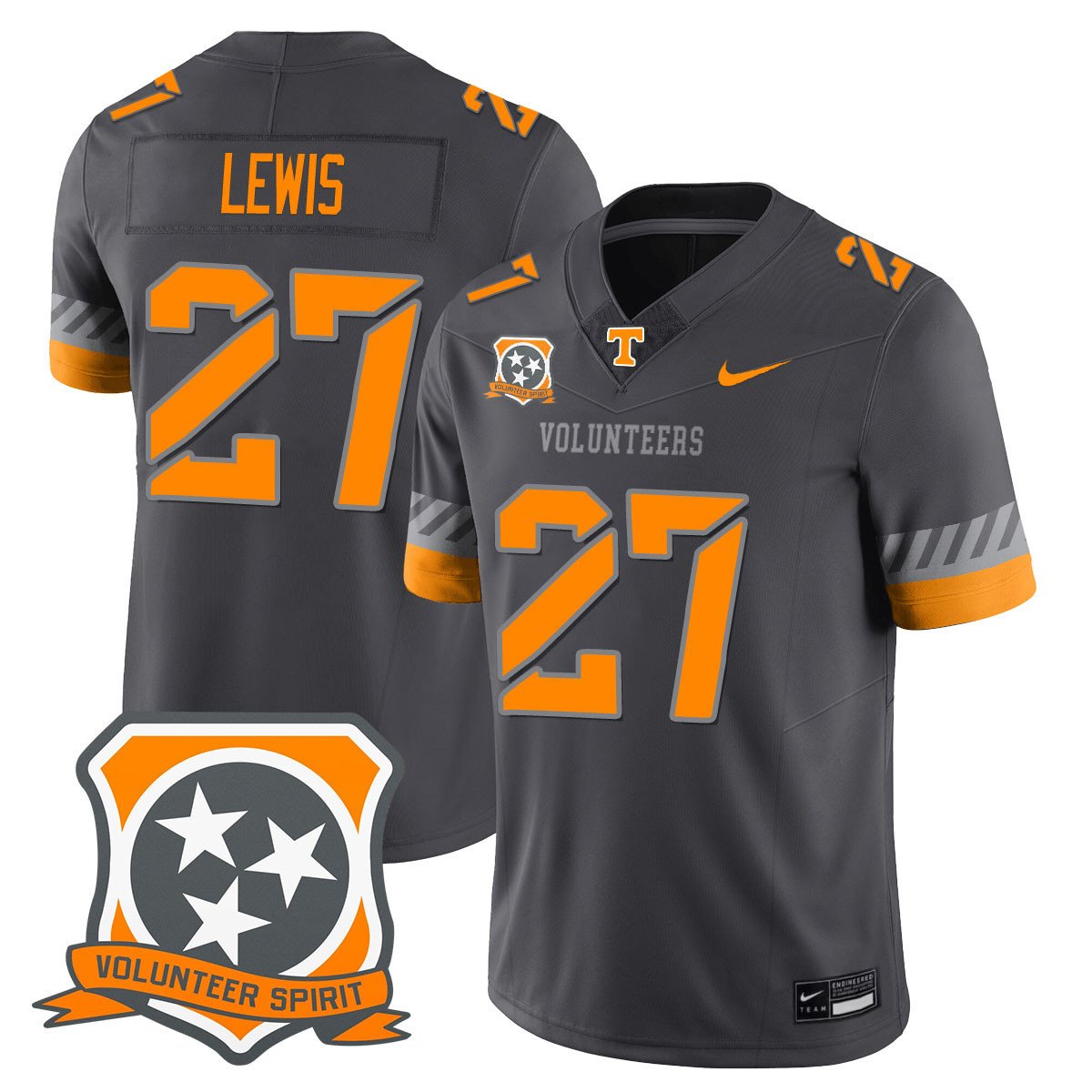 Peyton Lewis Jersey #27 Tennessee Volunteers 2025 Spirit Stitched Smokey Gray