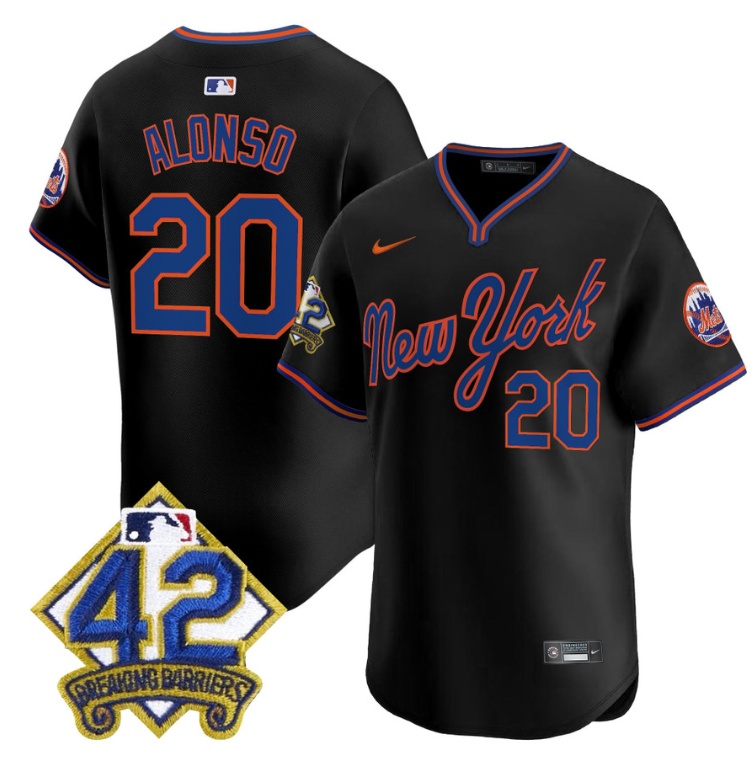 Pete Alonso Jersey #20 New York Mets 2025 Jackie Robinson Patch Road Alternate Stitched Black