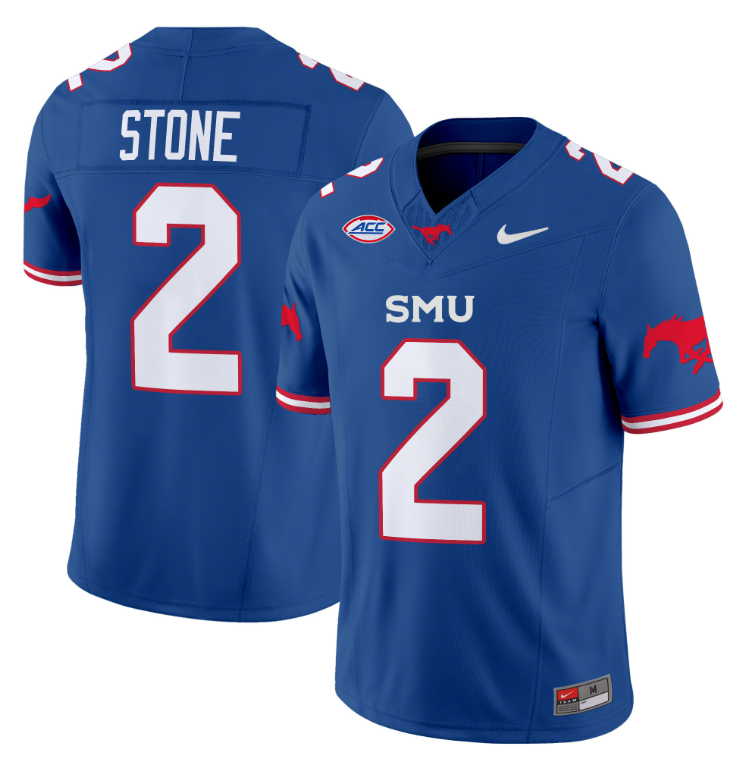 Preston Stone Jersey #2 SMU Mustangs Icy College Football Vapor Limited Blue