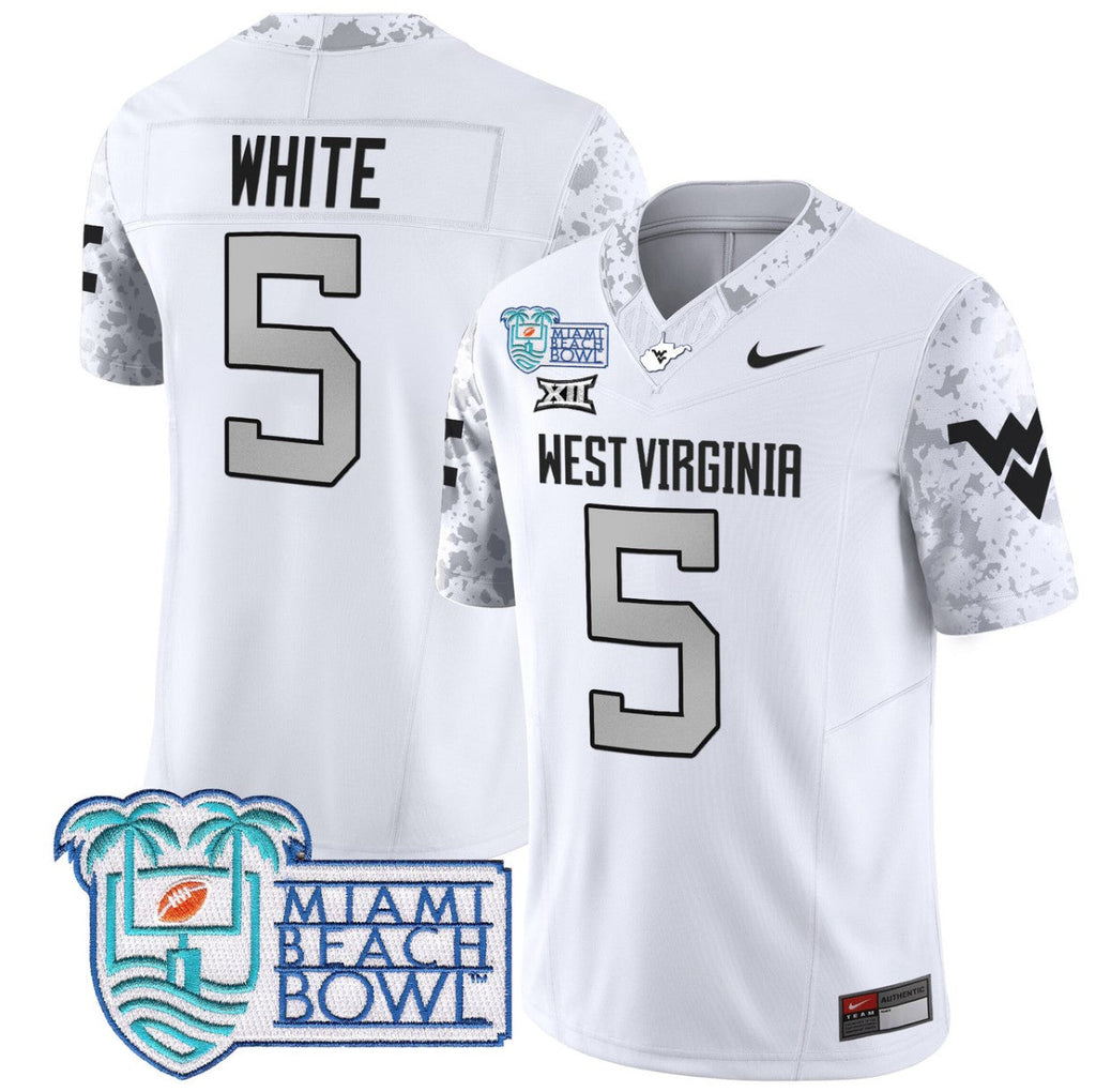 Pat White Jersey #5 West Virginia Mountaineers 2025 Miami Beach Bowl White