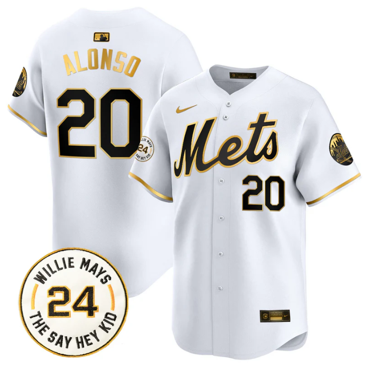 Pete Alonso Jersey #20 Mets Willie Mays Patch Vapor Premier Limited Stitched White Gold
