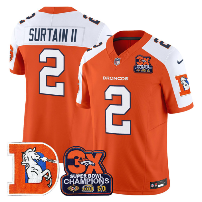 Patrick Surtain II Jersey #2 Throwback Vapor 3-Time Champions Stitched Orange Alternate