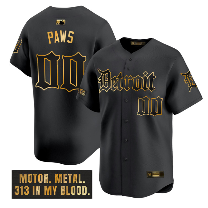 Paws Jersey #00 Detroit Tigers Motor Gothic Edition Stitched Black Gold