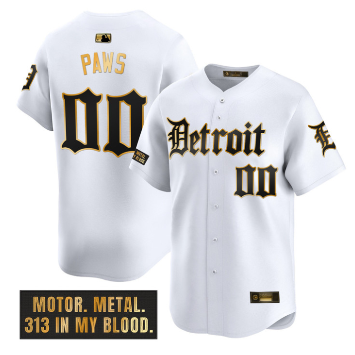Paws Jersey #00 Detroit Tigers Motor Gothic Edition Stitched White Gold