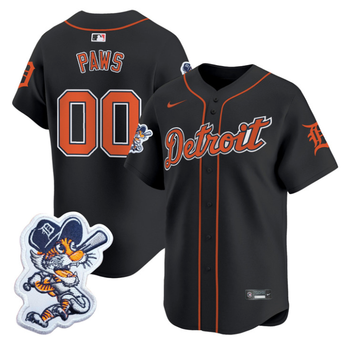 Paws Jersey #00 Detroit Tigers Paws Patch Vapor Premier Limited Stitched Black