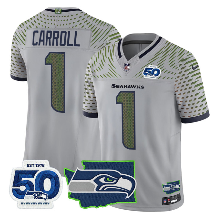 Pete Carroll Jersey #1 Seahawks 50th Anniversary Patch Limited Stitched Gray