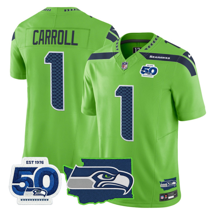 Pete Carroll Jersey #1 Seahawks 50th Anniversary Patch Limited Stitched Green