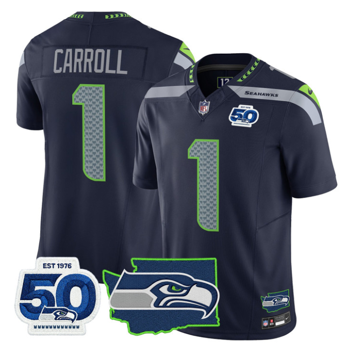 Pete Carroll Jersey #1 Seahawks 50th Anniversary Patch Limited Stitched Navy
