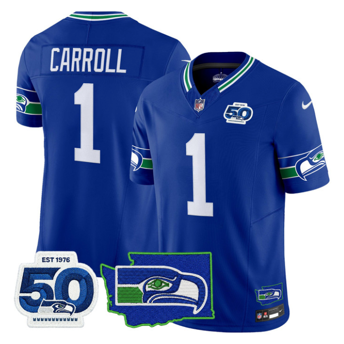 Pete Carroll Jersey #1 Seahawks 50th Anniversary Patch Limited Stitched Royal