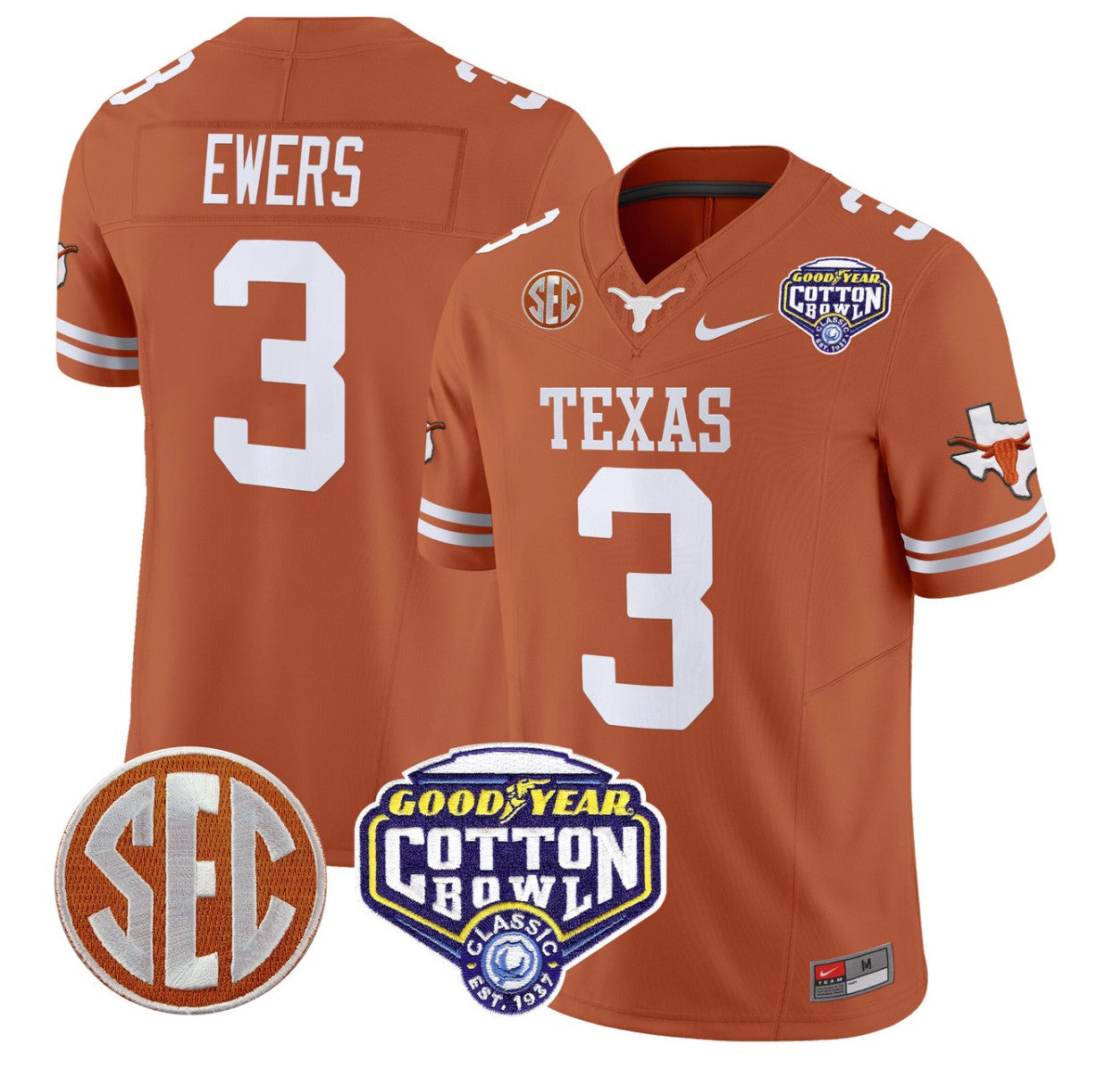 Quinn Ewers Jersey #3 Texas Longhorns Cotton Bowl Patch Stitched Texas Orange
