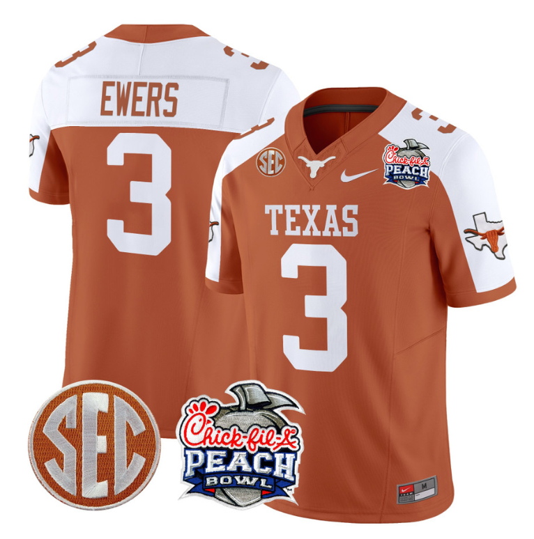 Quinn Ewers Jersey #3 Texas Longhorns Peach Bowl Patch Vapor Orange Alternate