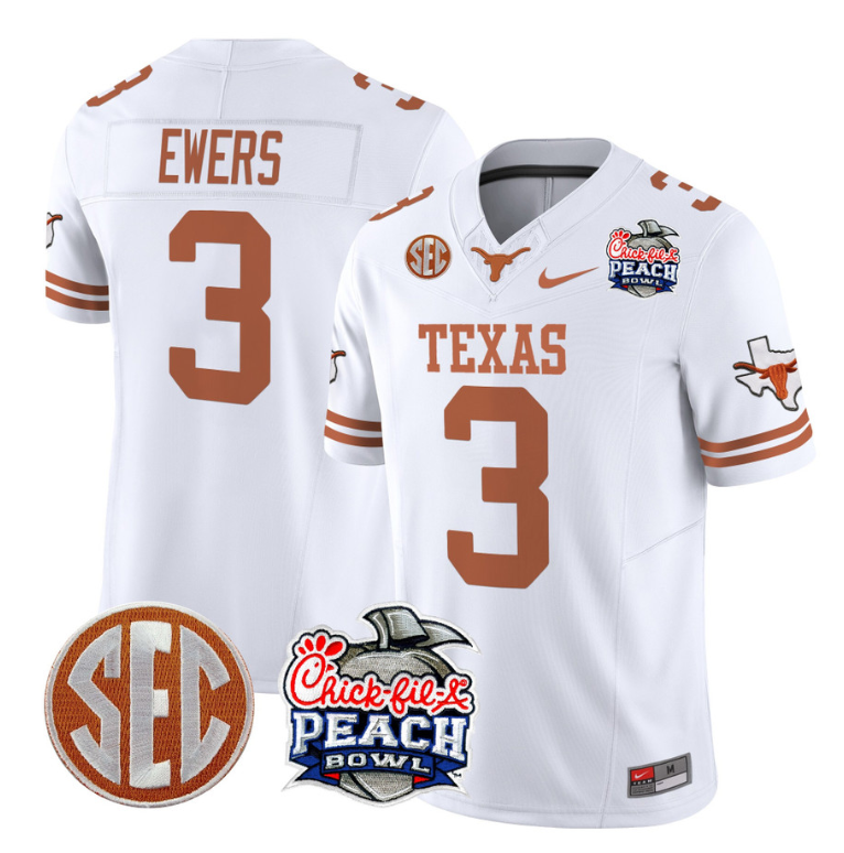 Quinn Ewers Jersey #3 Texas Longhorns Peach Bowl Patch Vapor White