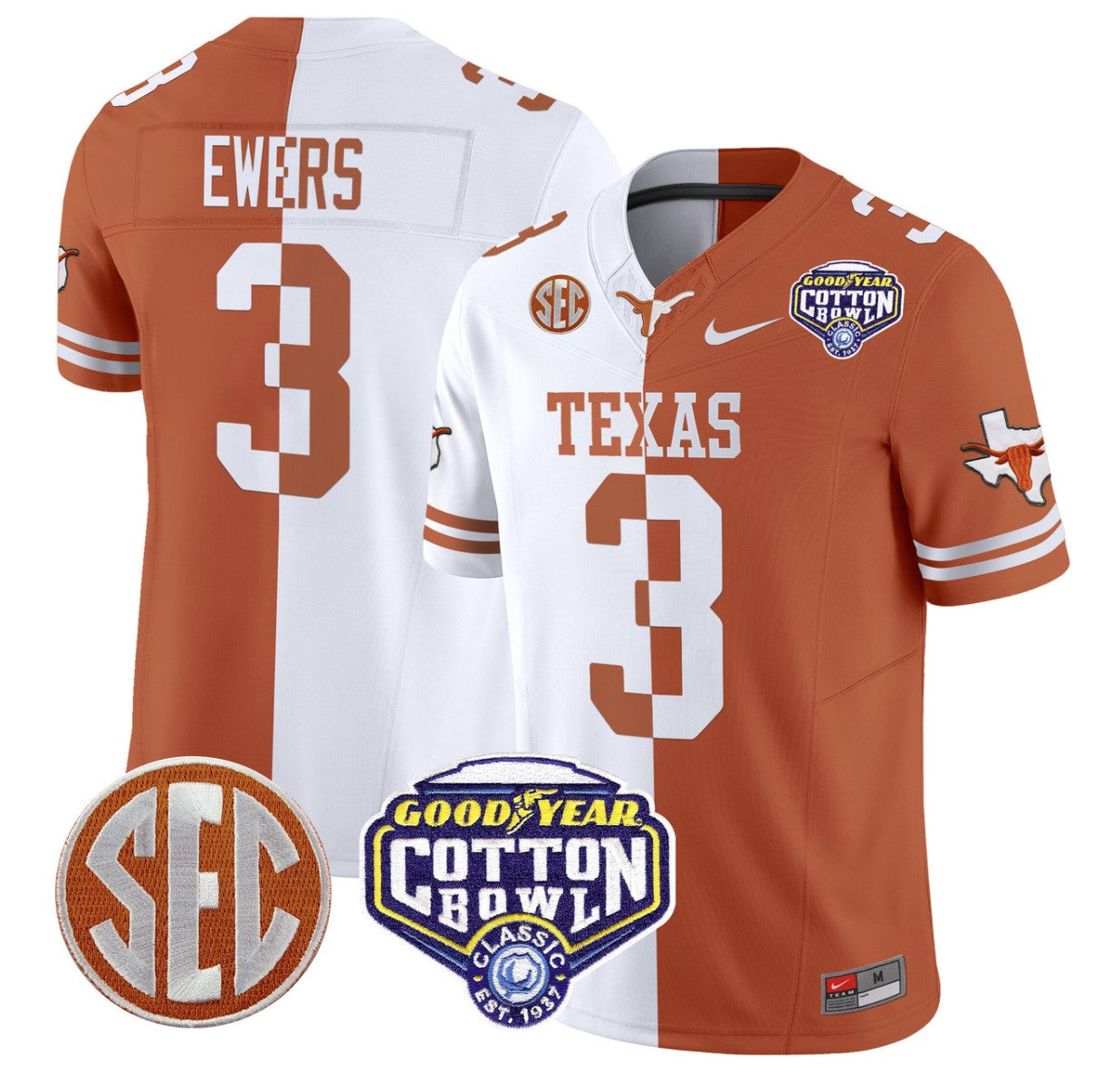 Quinn Ewers Jersey #3 Texas Longhorns Cotton Bowl Patch Stitched White