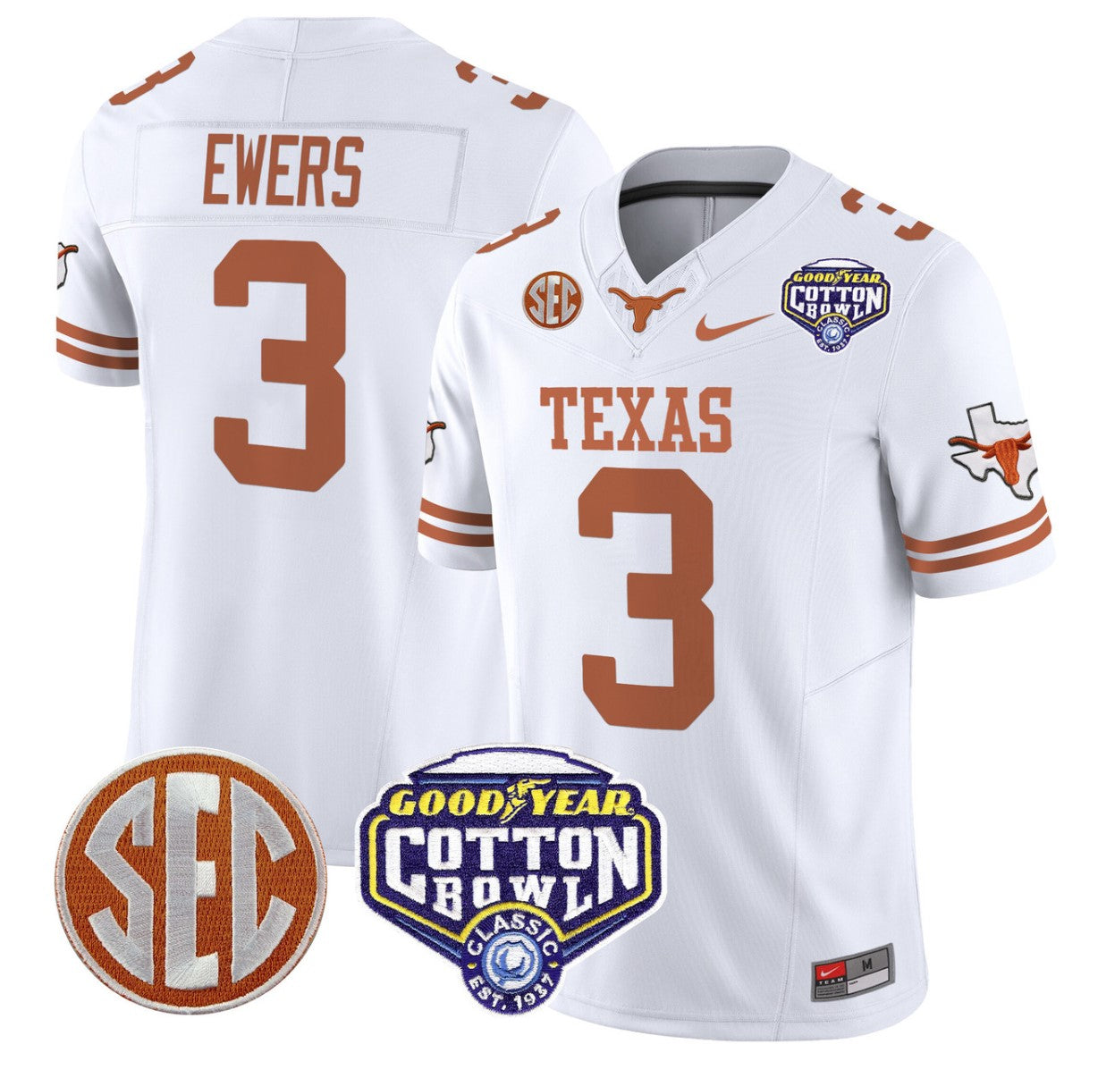 Quinn Ewers Jersey #3 Texas Longhorns Cotton Bowl Patch Stitched White