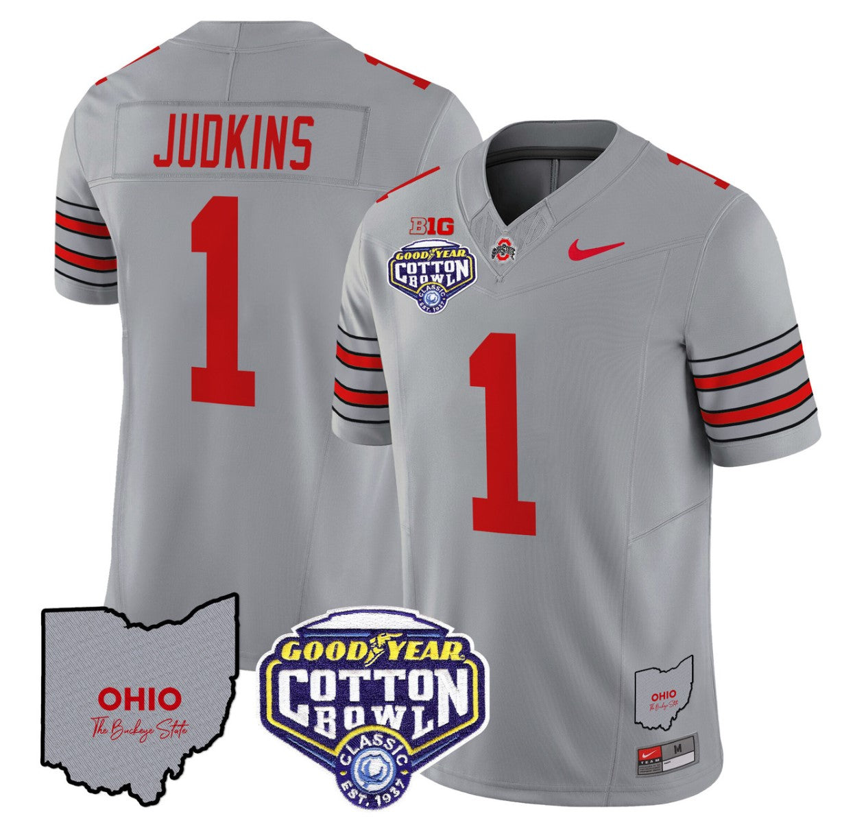Quinshon Judkins Jersey #1 Ohio State Buckeyes Cotton Bowl Patch Stitched Gray