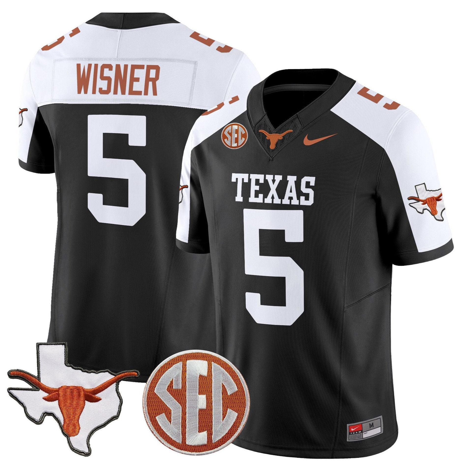 Quintrevion Wisner Jersey #5 Texas Longhorns 2025 State Map SEC Patch Black Alter