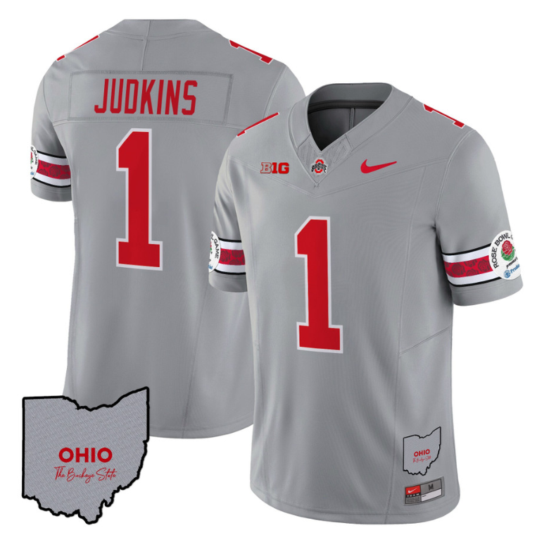 Quinshon Judkins Jersey #1 Ohio State Rose Bowl Patch Football V3 Stitched Gray