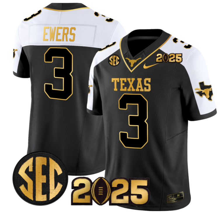Quinn Ewers Jersey #3 Texas Longhorns 2025 CFP Final Gold Patch Alternate
