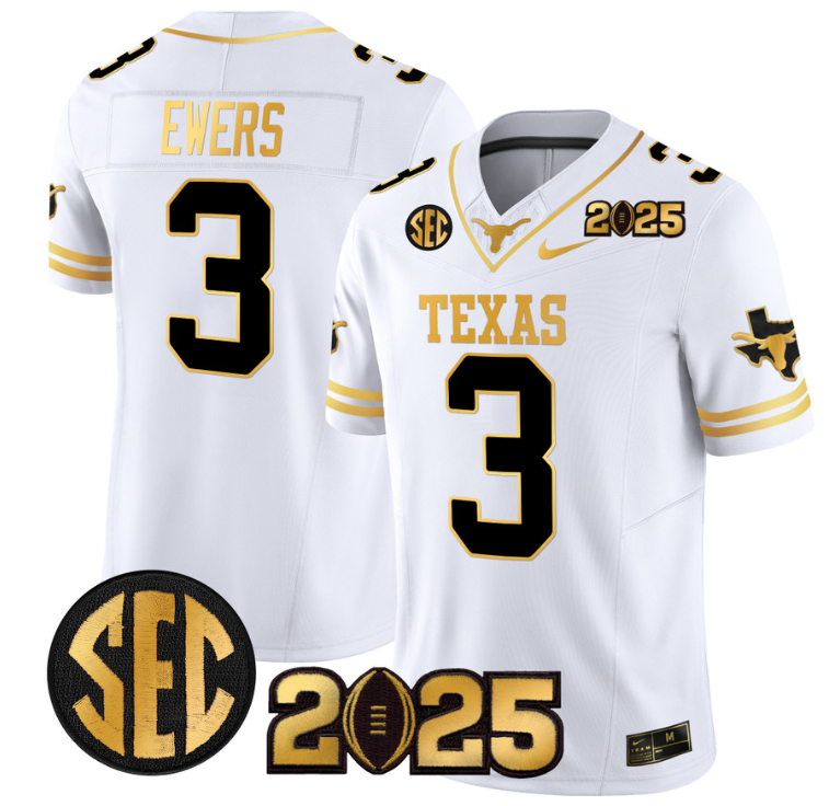 Quinn Ewers Jersey #3 Texas Longhorns 2025 CFP Final Gold Patch White Gold