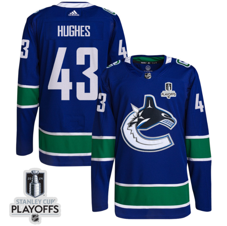 Quinn Hughes 43 Vancouver Canucks 2024 NHL Playoffs Patch Home Jersey - Men, Blue
