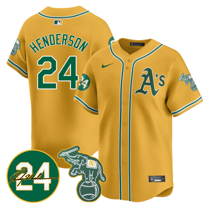 Ricky Henderson Jersey #24 Oakland Athletics 2025 Rickey Henderson Memorial Stitched Yellow