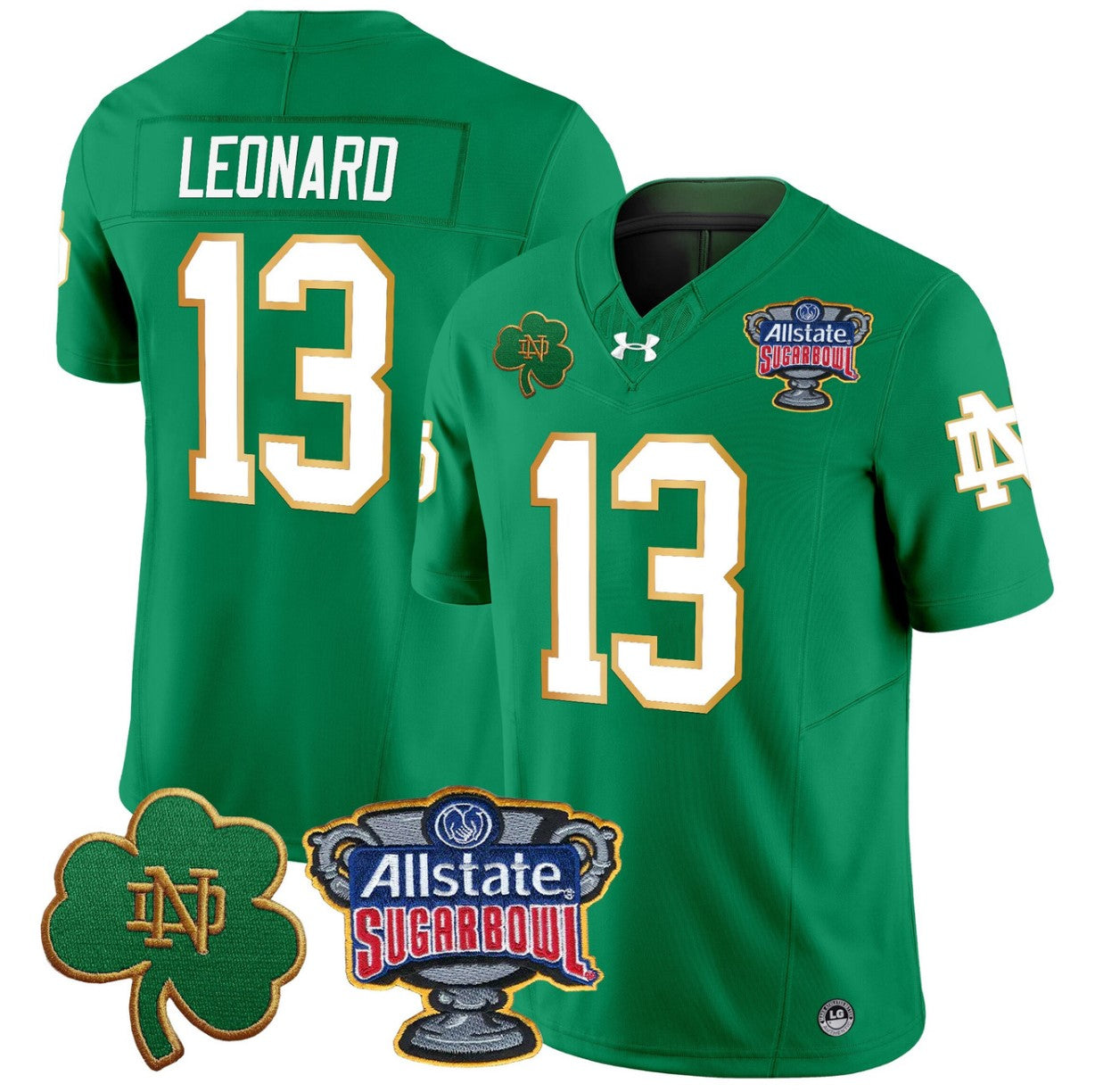 Riley Leonard Jersey #13 Notre Dame 2024 Sugar Bowl Patch V2 Stitched Green