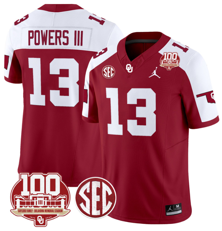 Reggie Powers III Jersey #13 Oklahoma Sooners 100th Anniversary Patch Vapor Limited College Football Stitched Crimson Alternate