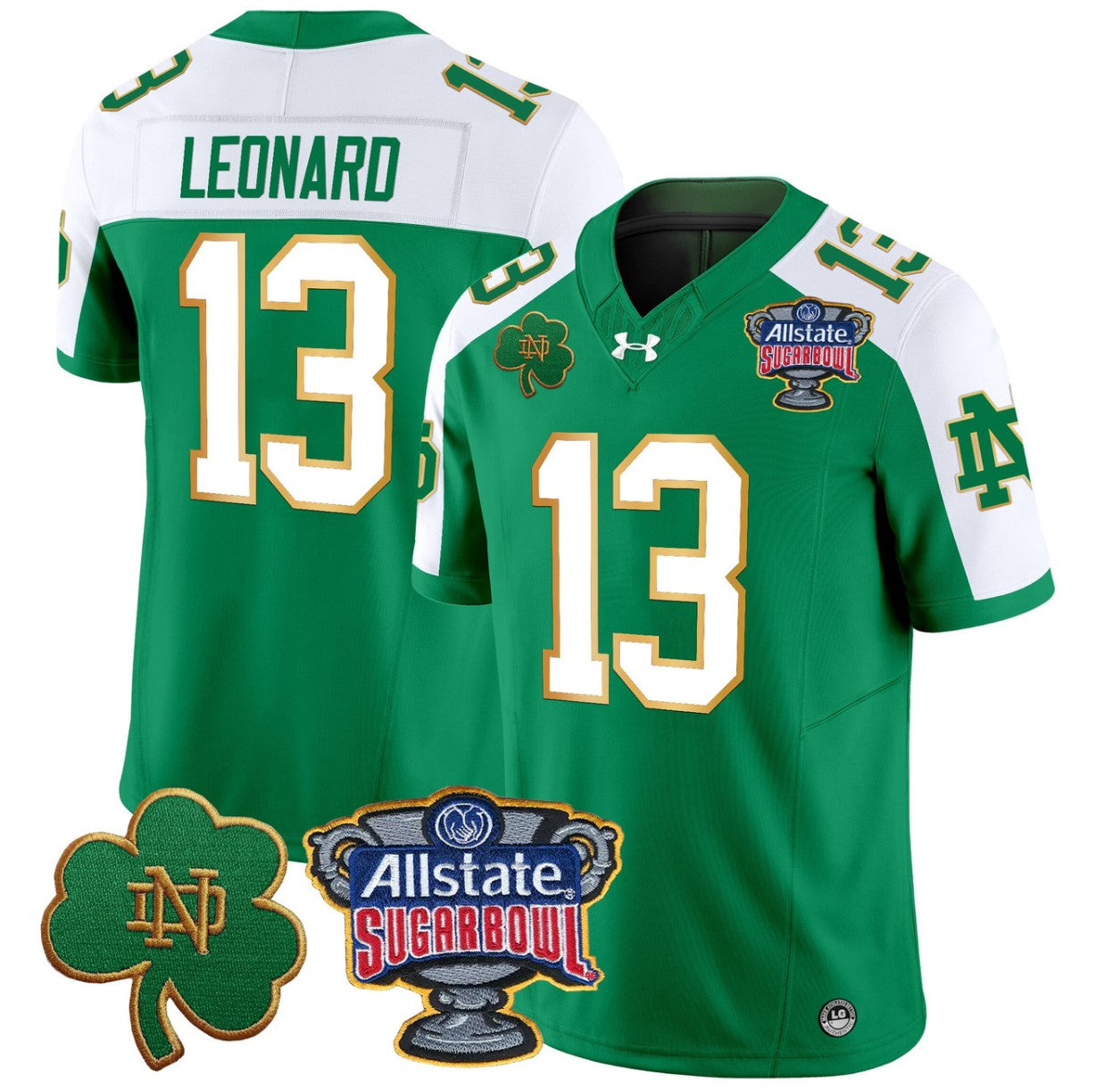 Riley Leonard Jersey #13 Notre Dame 2024 Sugar Bowl Patch V2 Green Alternate