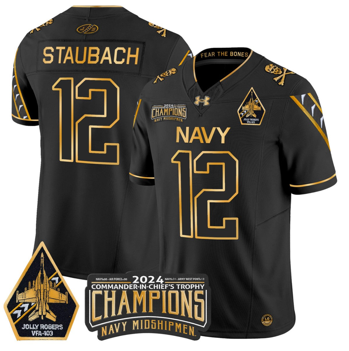 Roger Staubach Jersey #12 Navy Midshipmen Commander-in-chief's Trophy Black Gold