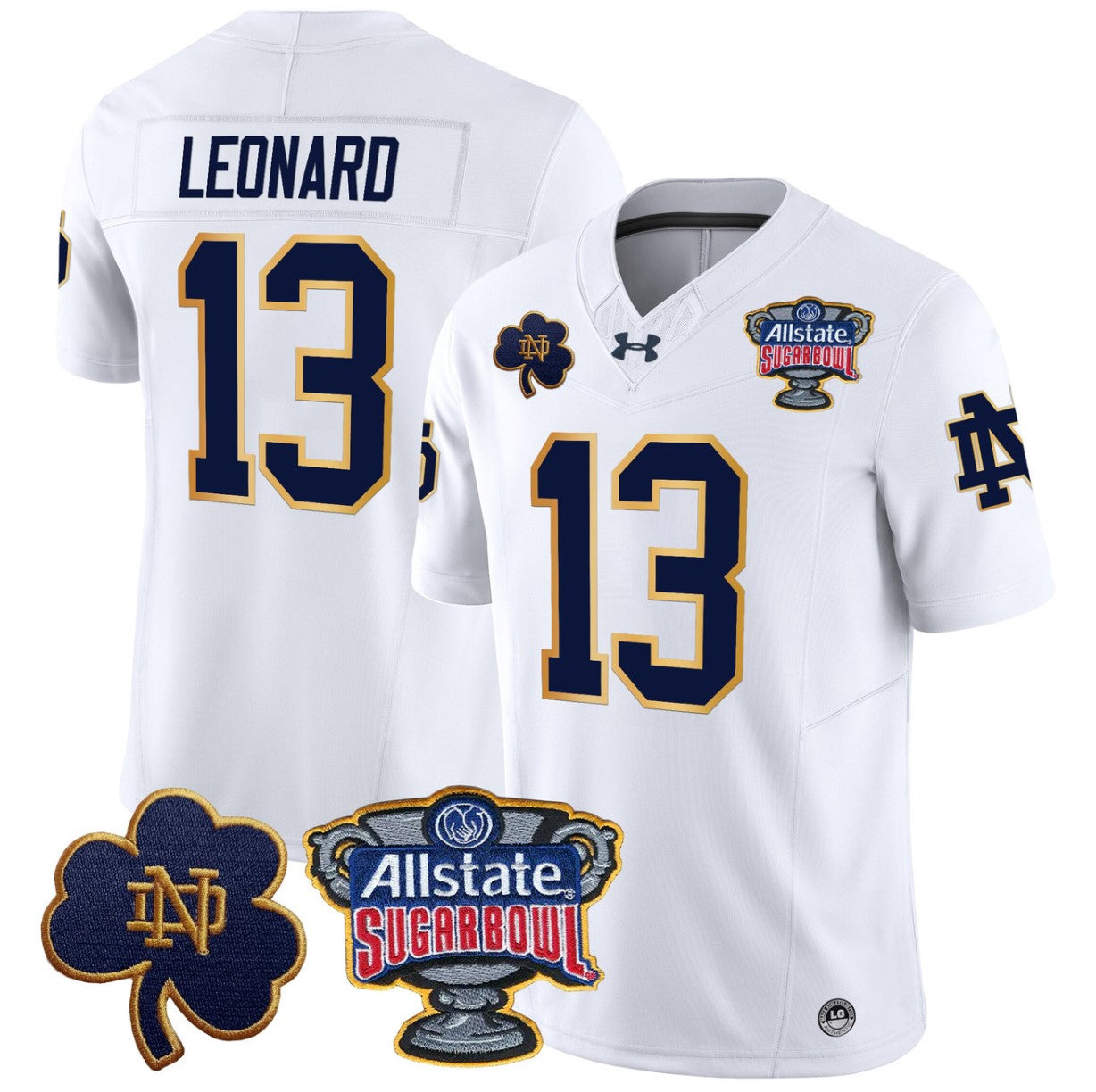Riley Leonard Jersey #13 Notre Dame 2024 Sugar Bowl Patch V2 Stitched White