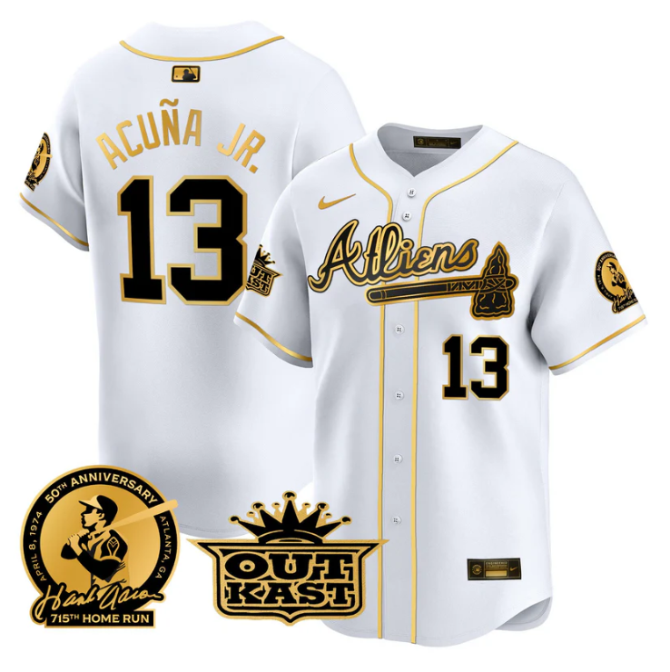 Ronald Acuna Jr Jersey #13 Atlanta Braves Atliens Hank Aaron Patch Limited Stitched White Gold