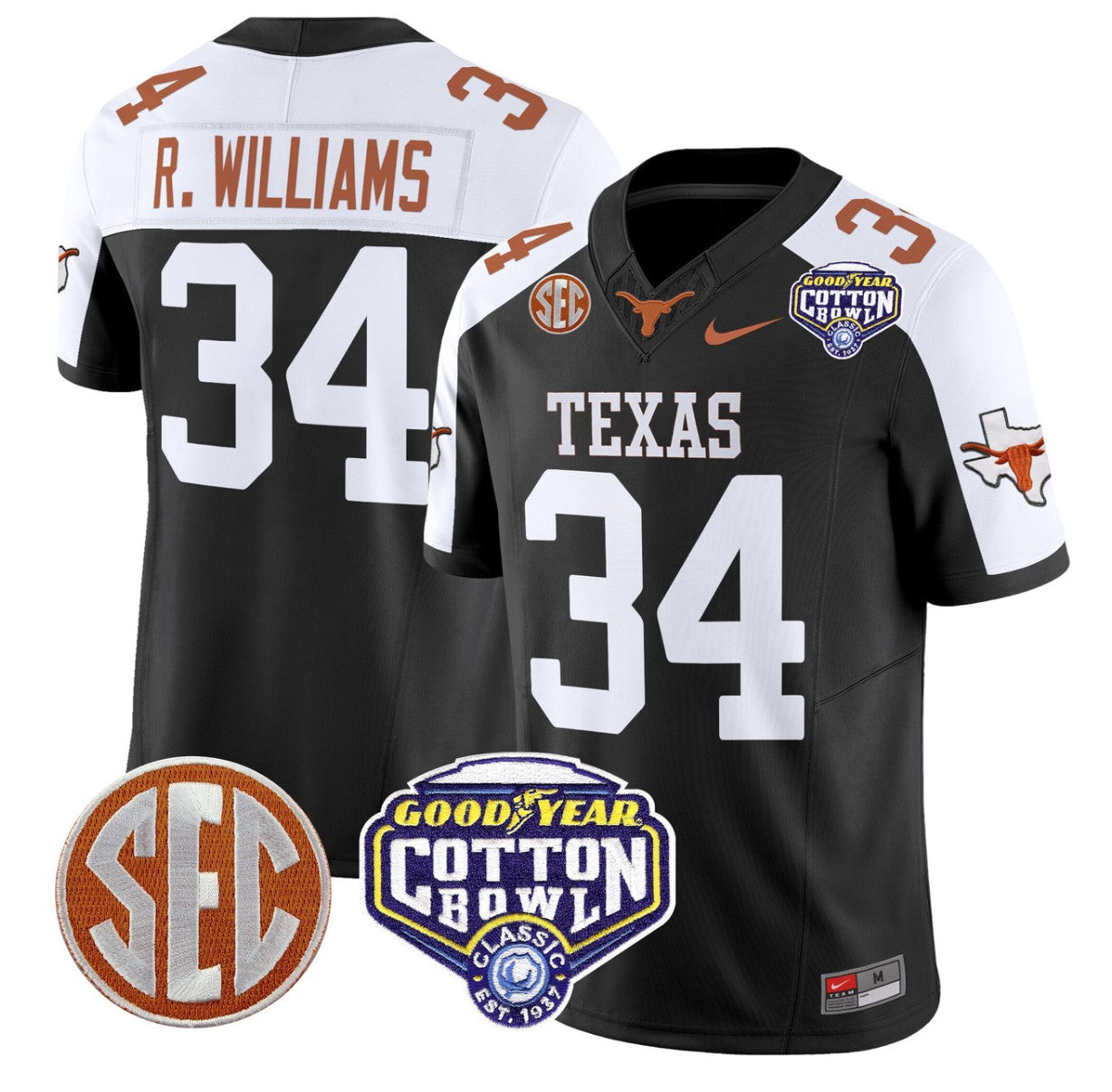 Ricky Williams Jersey #34 Texas Longhorns Cotton Bowl Patch Black Alternate
