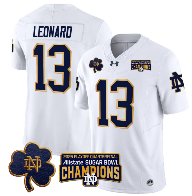 Riley Leonard Jersey #13 Notre Dame 2025 Sugar Bowl Champions Patch White