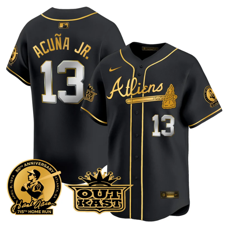 Ronald Acuna Jr Jersey #13 Atlanta Braves Atliens Hank Aaron Patch Limited Stitched Black Gold
