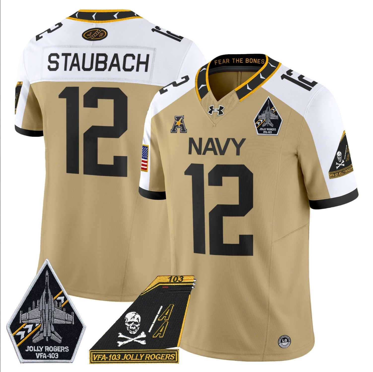 Roger Staubach Jersey #12 Navy Midshipmen 2024 Jolly Rogers Patch Gold Alternate