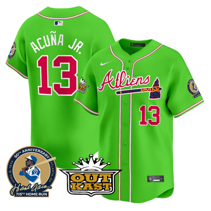 Ronald Acuna Jr Jersey #13 Atlanta Braves Atliens Hank Aaron Patch Limited Stitched Bright Green