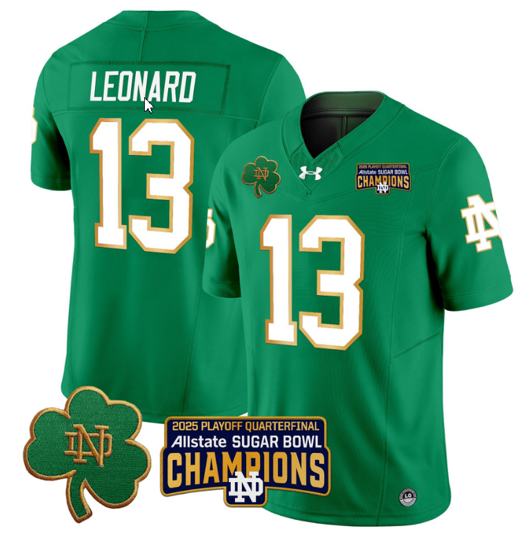 Riley Leonard Jersey #13 Notre Dame 2025 Sugar Bowl Champions Patch Green
