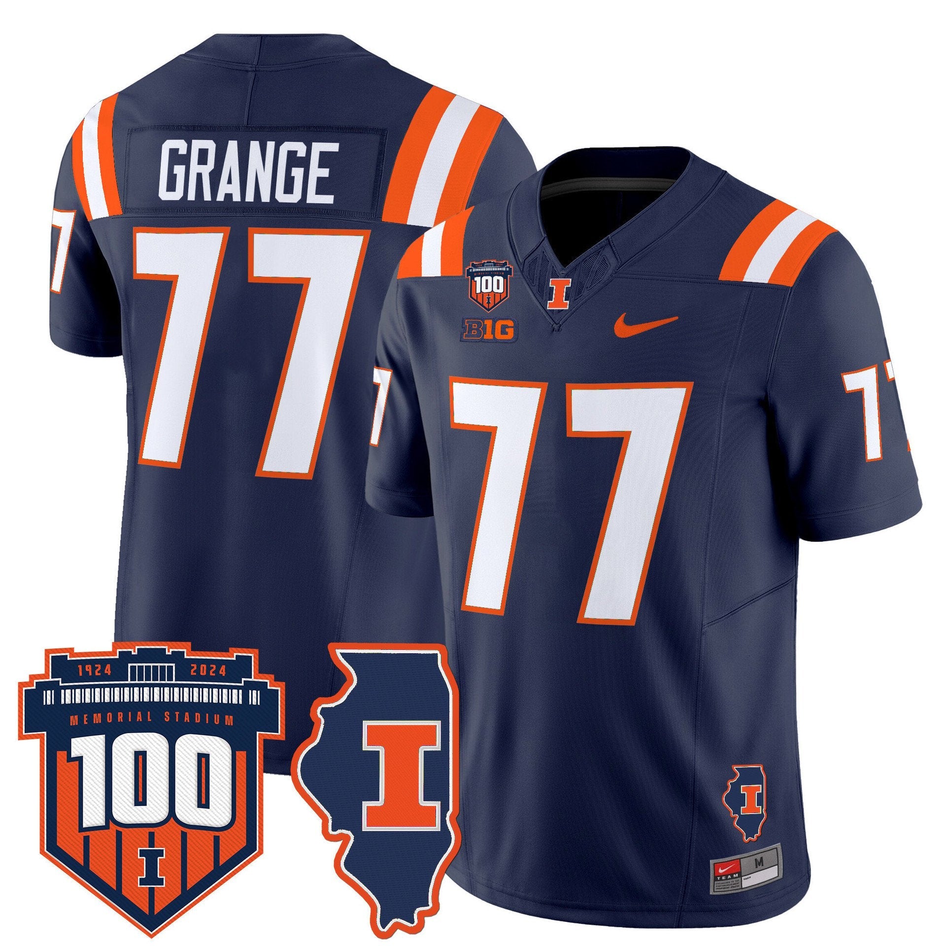 Red Grange Jersey #77 Illinois Fighting 100th Memorial Stadium Navy