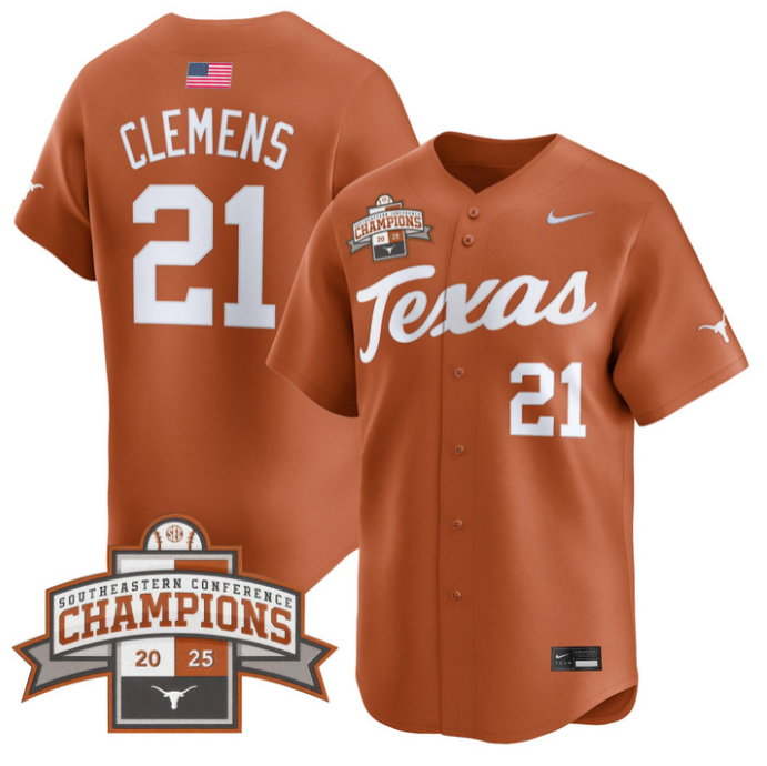 Roger Clemens Jersey #21 Texas Longhorns 2025 Southeastern Champions Vapor Stitched Texas Orange